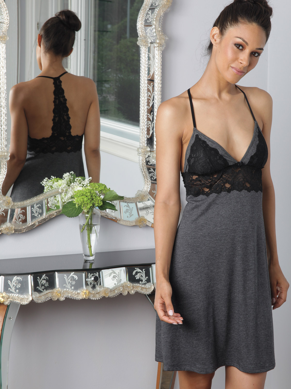 Heather Gray featuring a halter top and festooned with Charcoal Black lace.