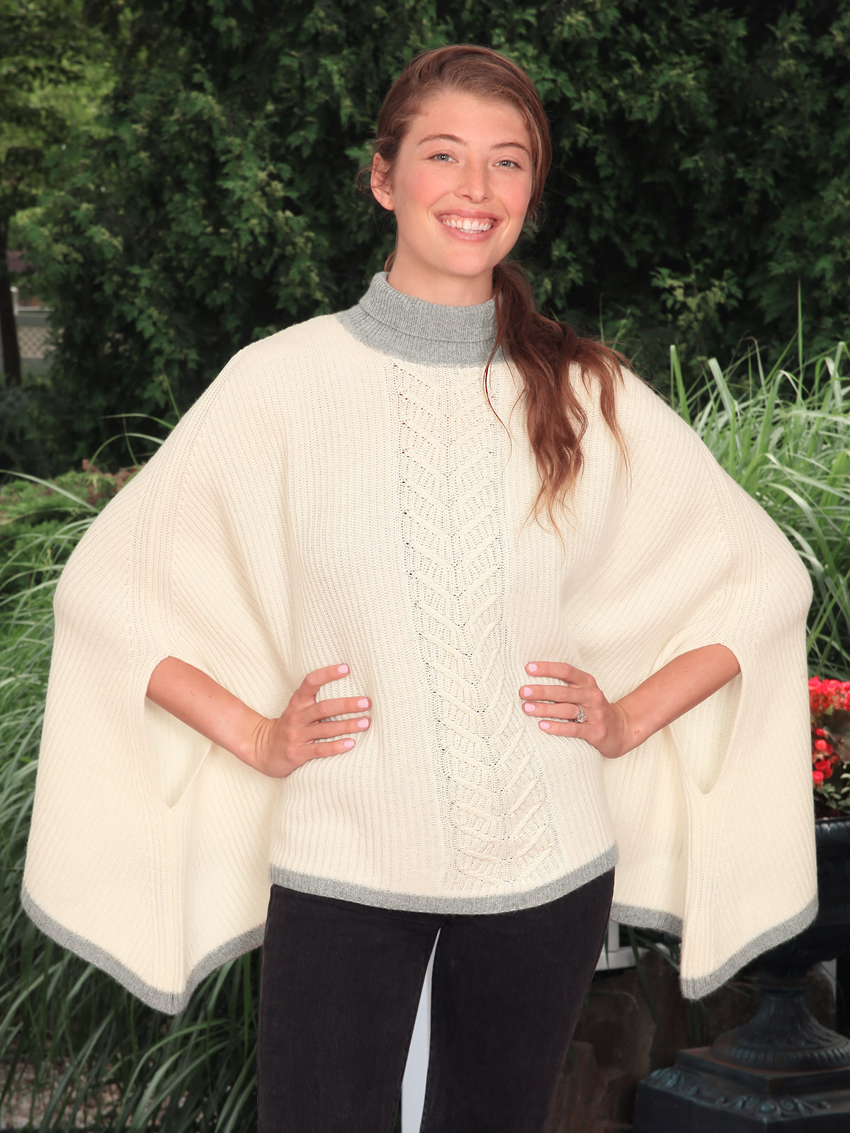 Maddie Poncho: This Cable knit design coddles you with 100% cashmere