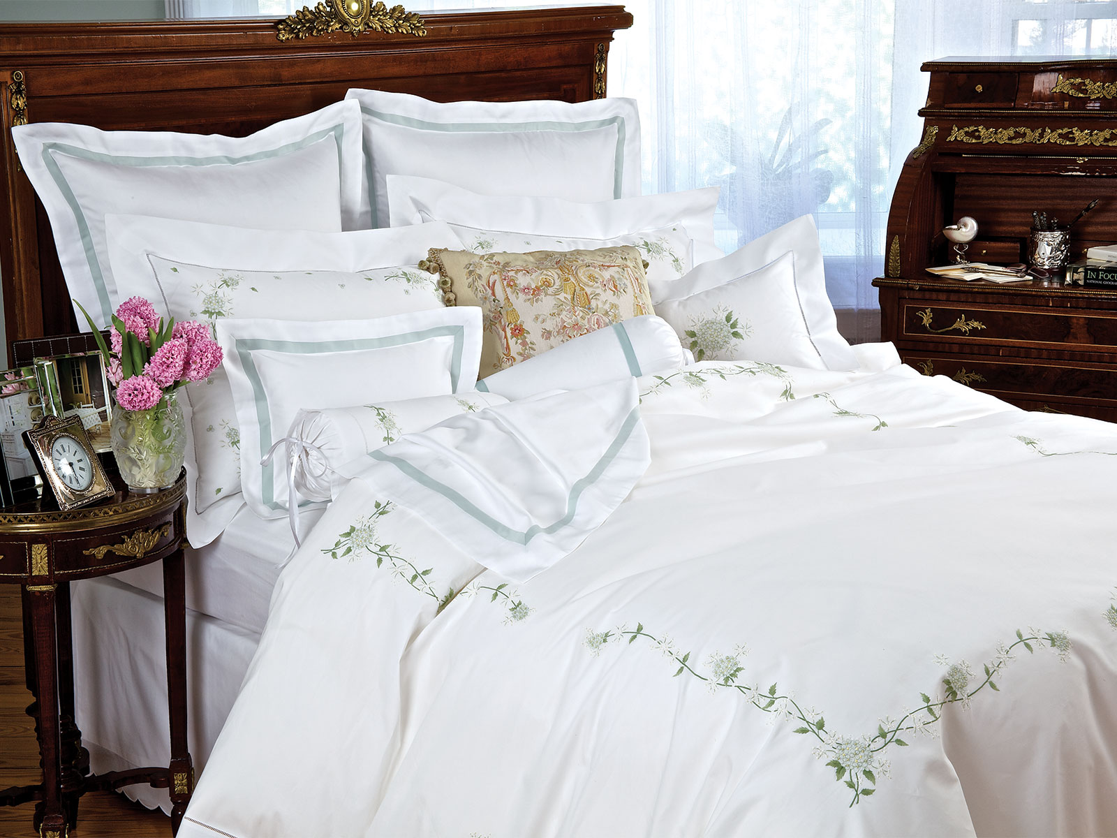 White Italian cotton percale, 600 thread count, intricately hand-embroidered with a shadow-stitched wedding hydrangea of breathtaking beauty.