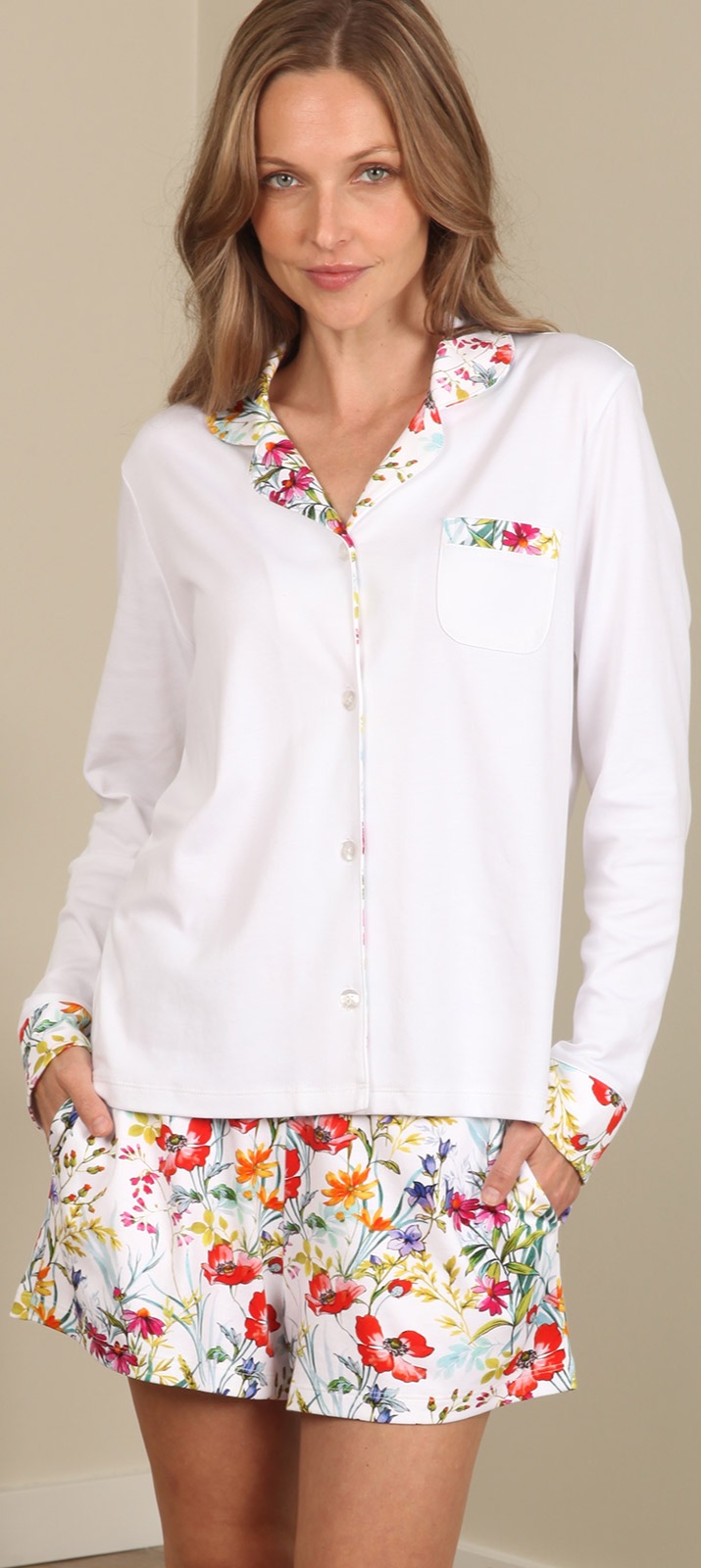 Rich vibrant florals on long or short pants. Matching long or short sleeve tops.