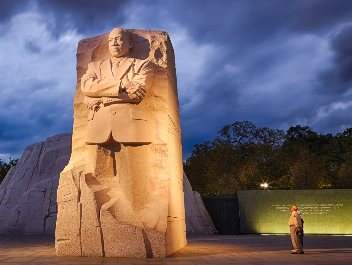 Martin Luther King, Jr. Memorial: The "Stone of Hope" sculpture emerging from the "Mountain of Despair,"carved by Lei Yixin.