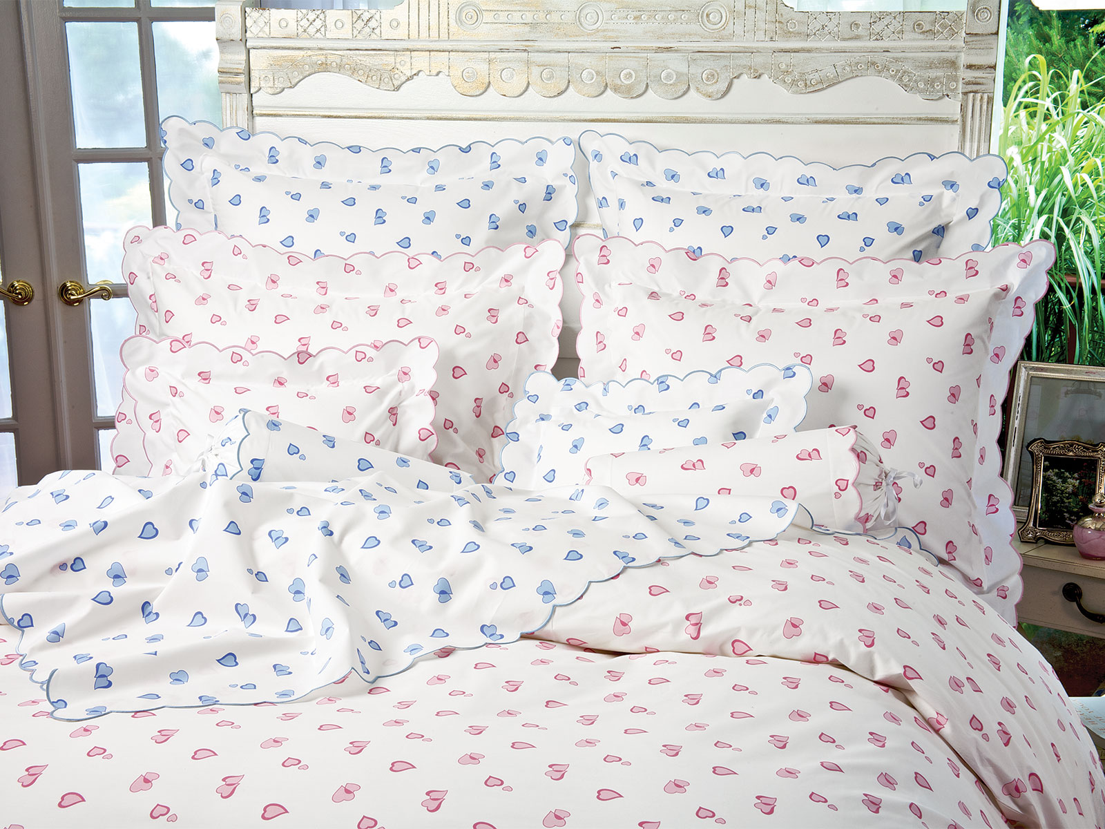 "2 hearts beat as 1" entwined hearts printed in Pink or Blue on finest White 100% cotton percale