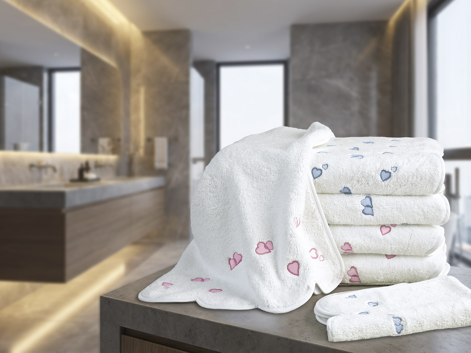 For a touch of romance in the bath, Pink or Blue heart embroidery on ultra-absorbent cotton terry, 600 gms2.
