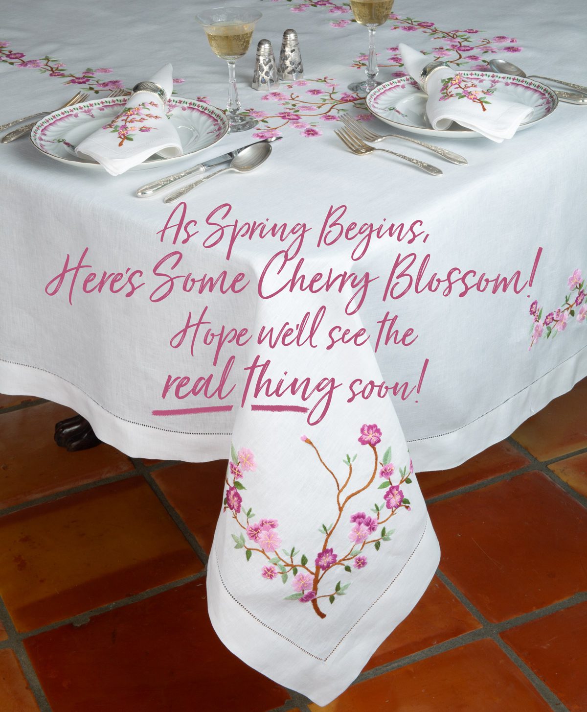 Hand-embroidered Cherry Blossoms with exquisite detail on 100% Italian linen