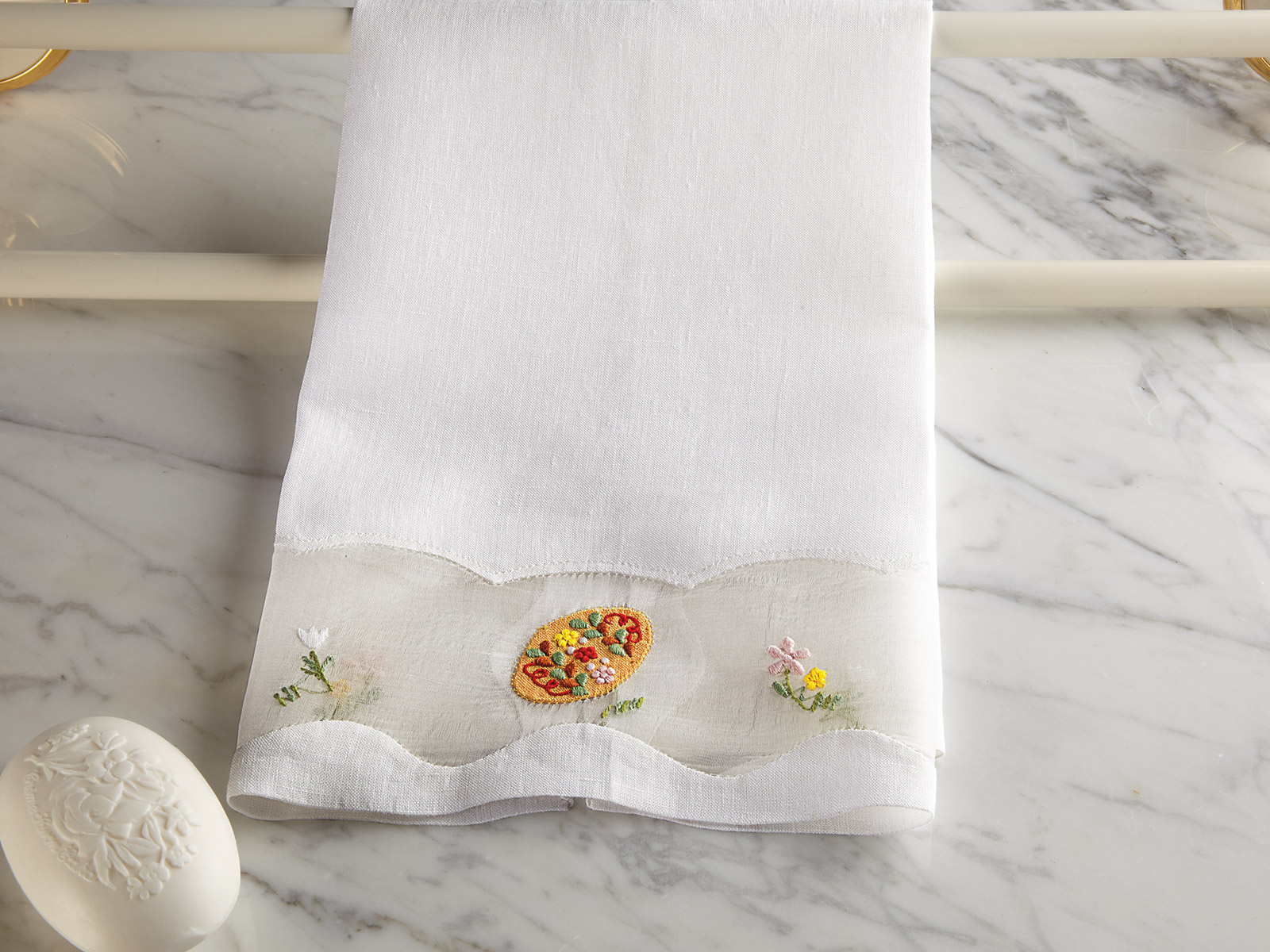 Fine Italian linen Guest Towels delicately embroidered and hemstitched by hand.