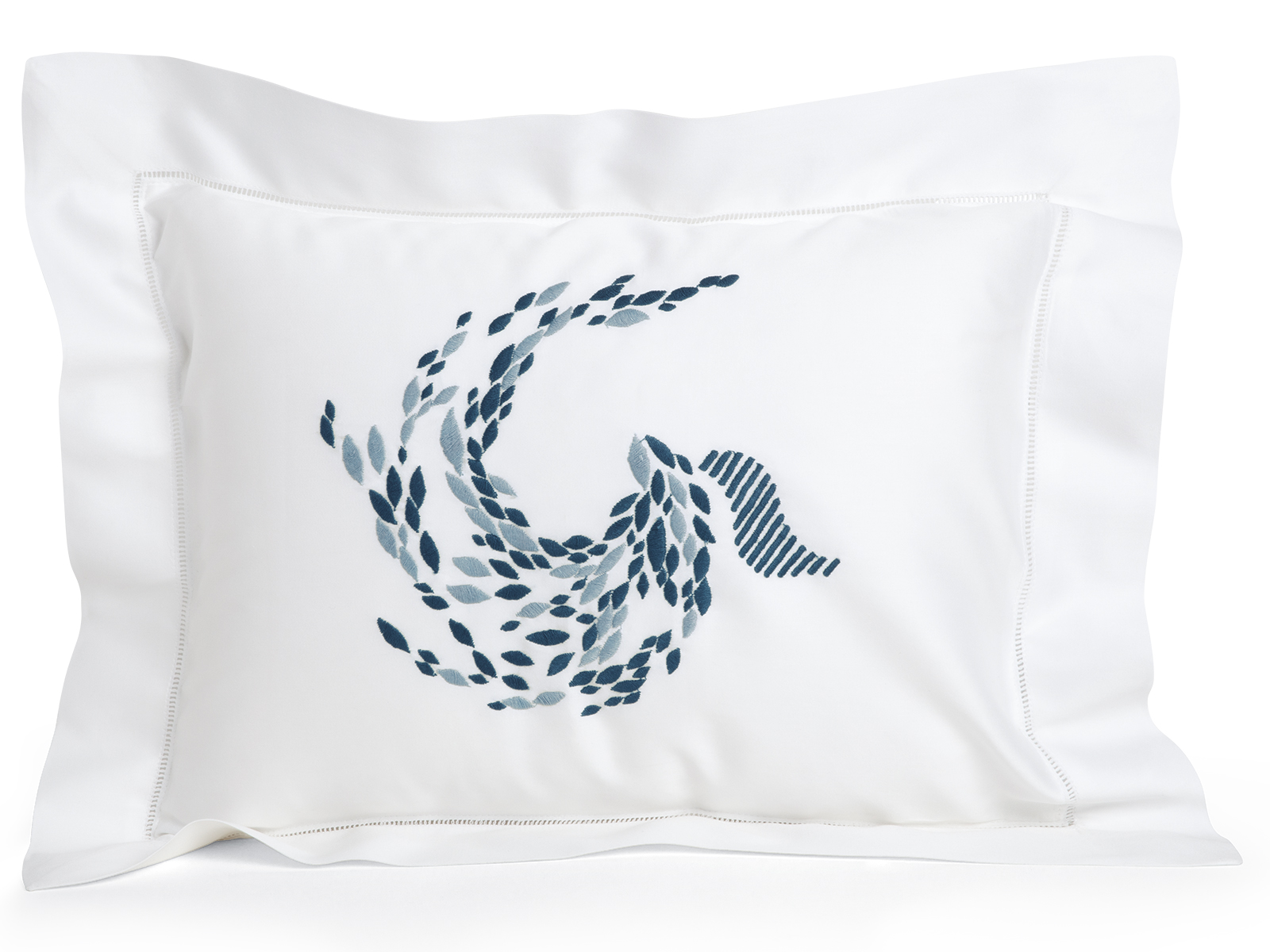 Hand-embroidered in shades of Blue on soft Italian White sateen 100% Egyptian cotton.