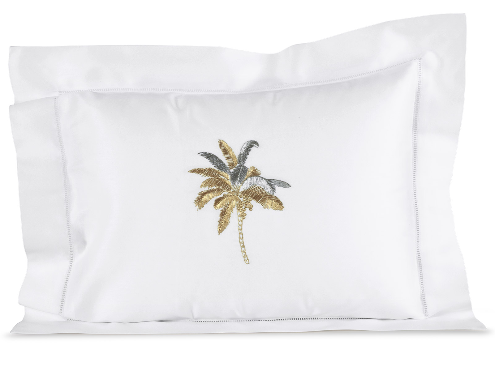 Luxury, 600 thread count silky, smooth sateen with stunning hand-embroidered palms in shimmering Silver and Gold.