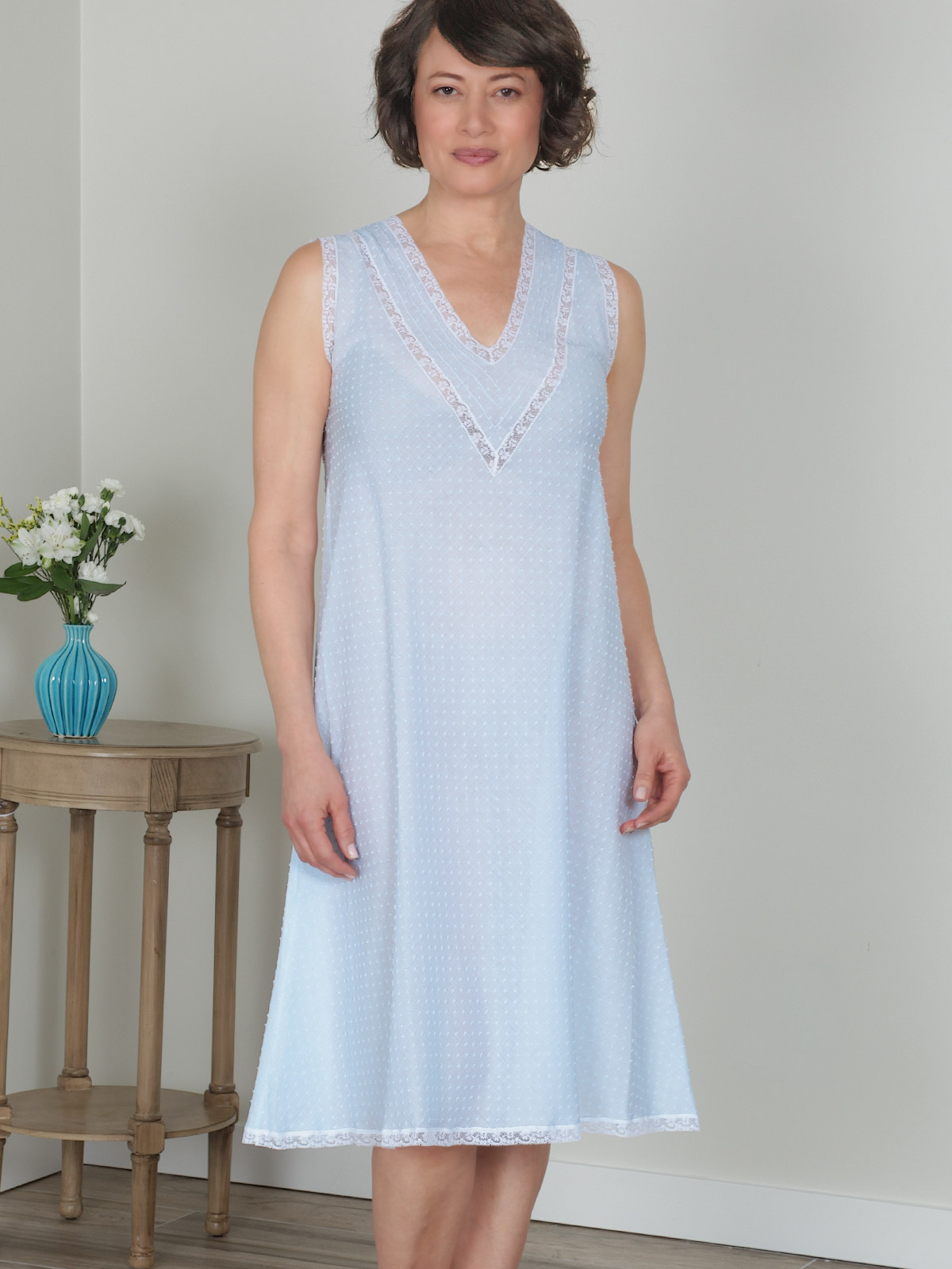 Raina Blue dotted-Swiss nightgown with White lace