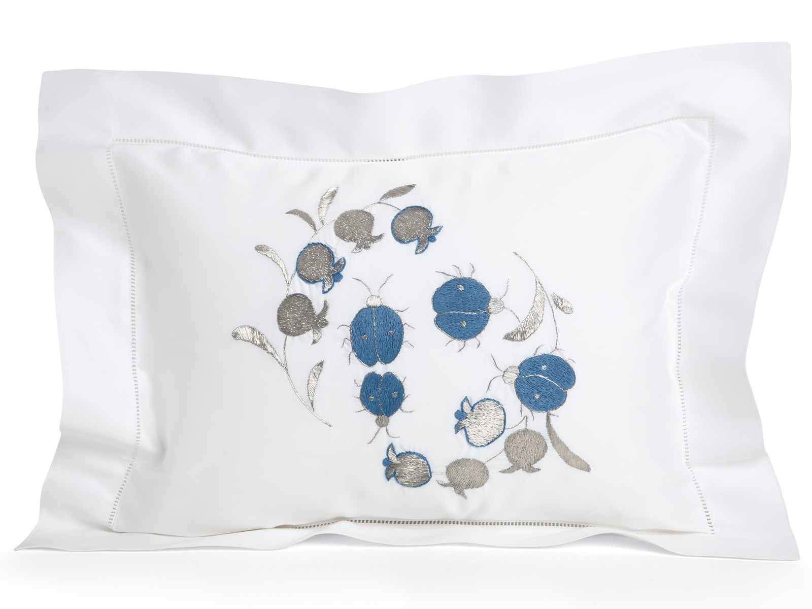 Brilliant Blues & Silver metallics embroidery and hemstitched border flange.