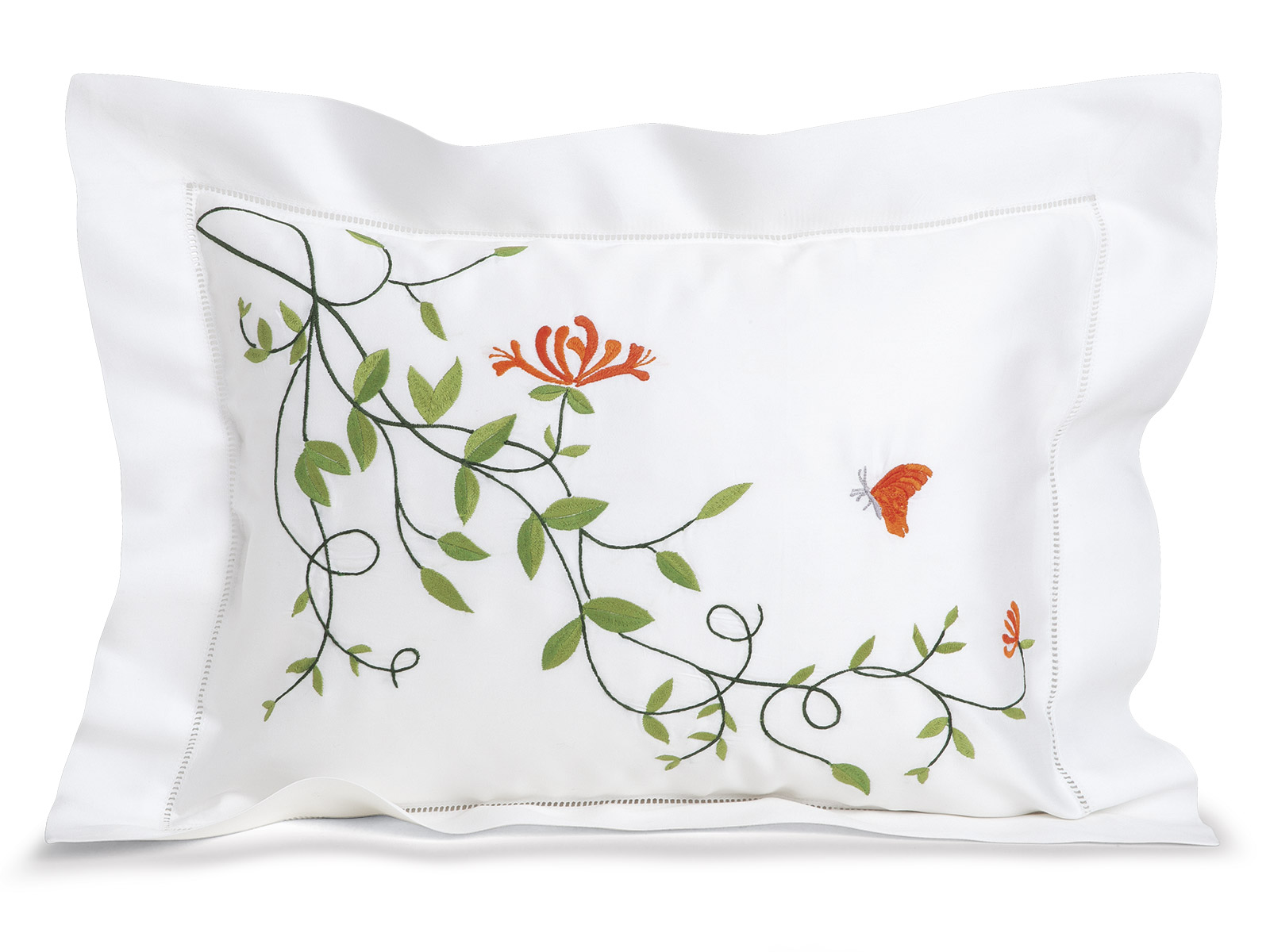 Stunning, embroidered flowers, birds, and butterflies on 600 thread count sateen,&nbsp;100% Egyptian cotton from Italy.