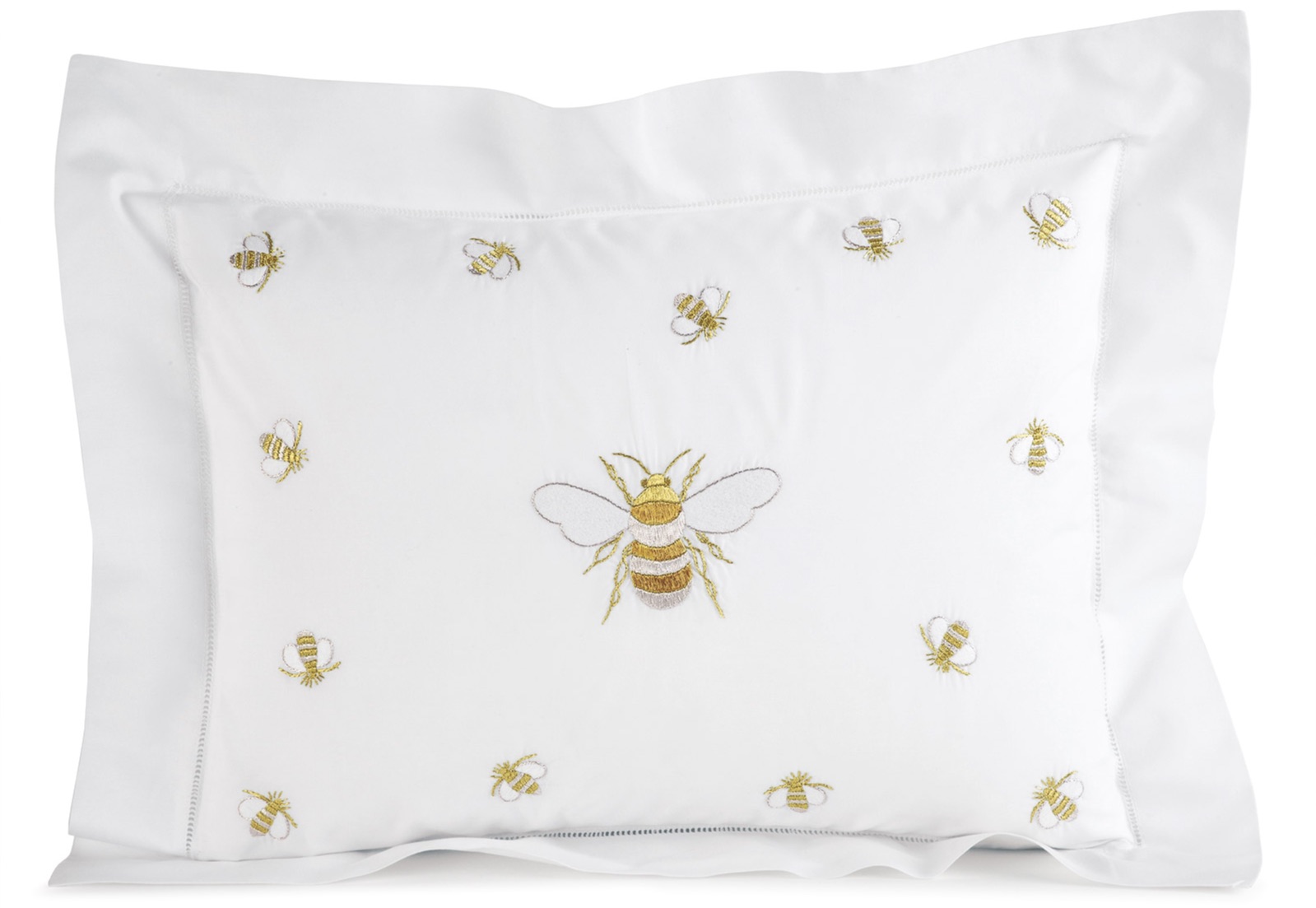 Golden bees on 600 thread count Egyptian cotton sateen hand-embroidered with dazzling metallic Gold thread