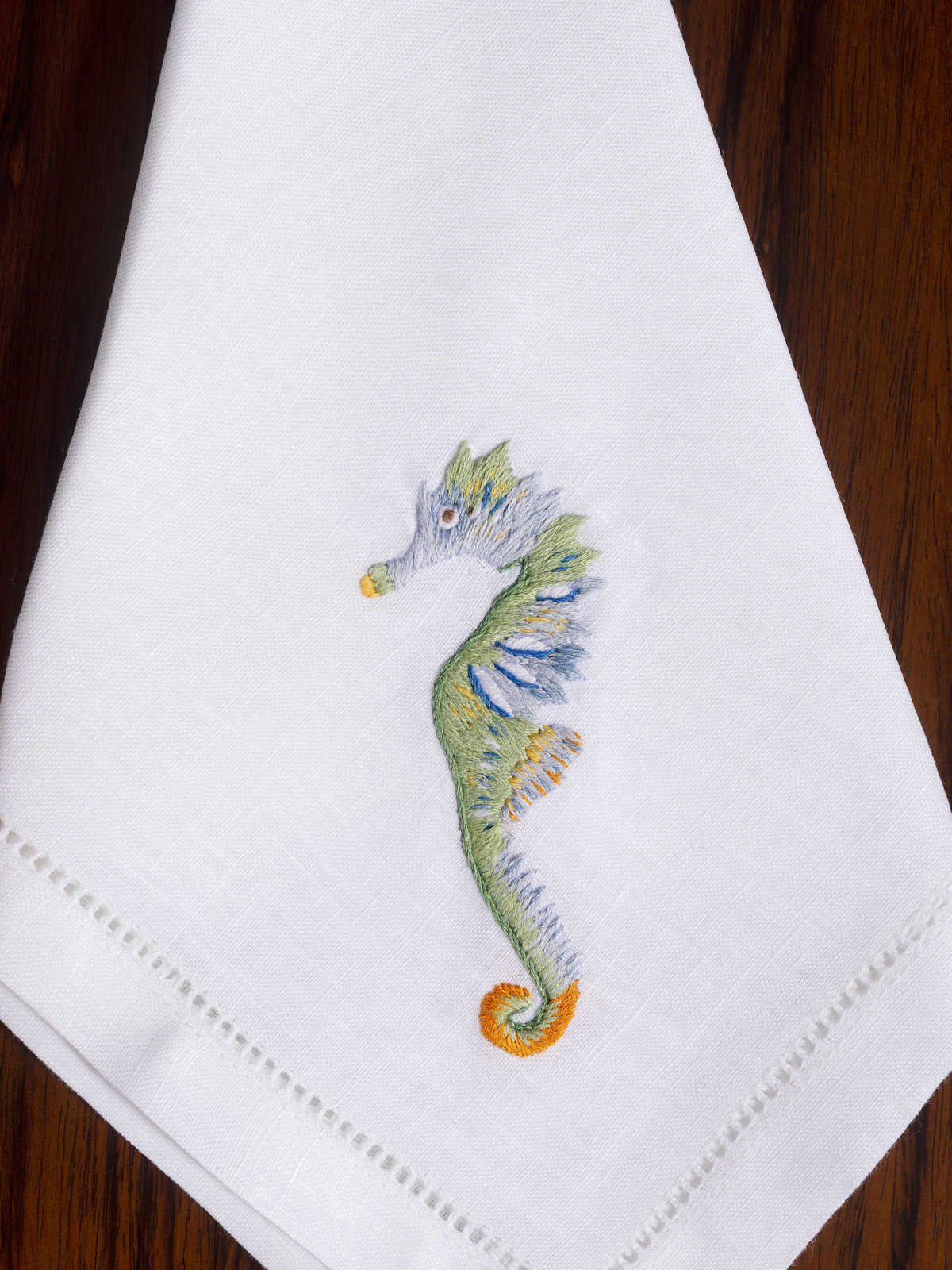 Divemaster Placemat Set. Detail of Seahorse Embroidery