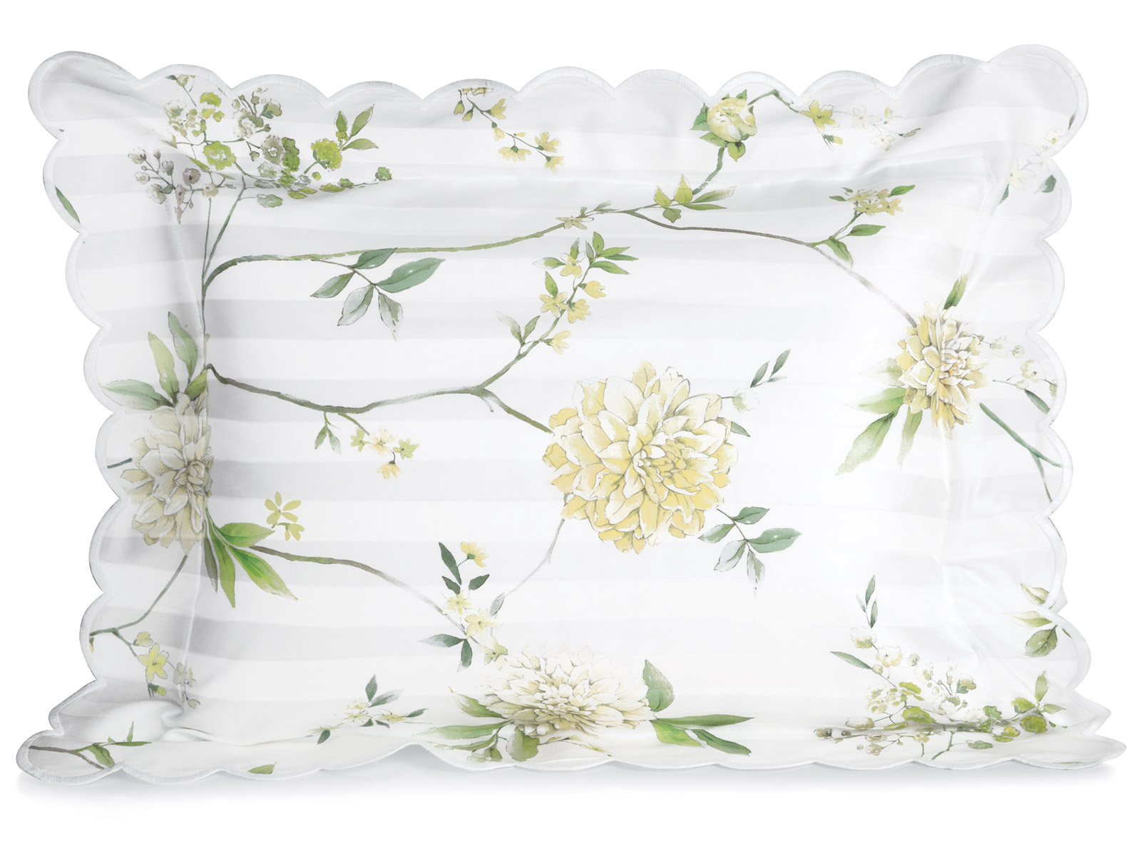 Astera: Opulent floral design on 300tc striped Egyptian cotton damask. Made in Italy.