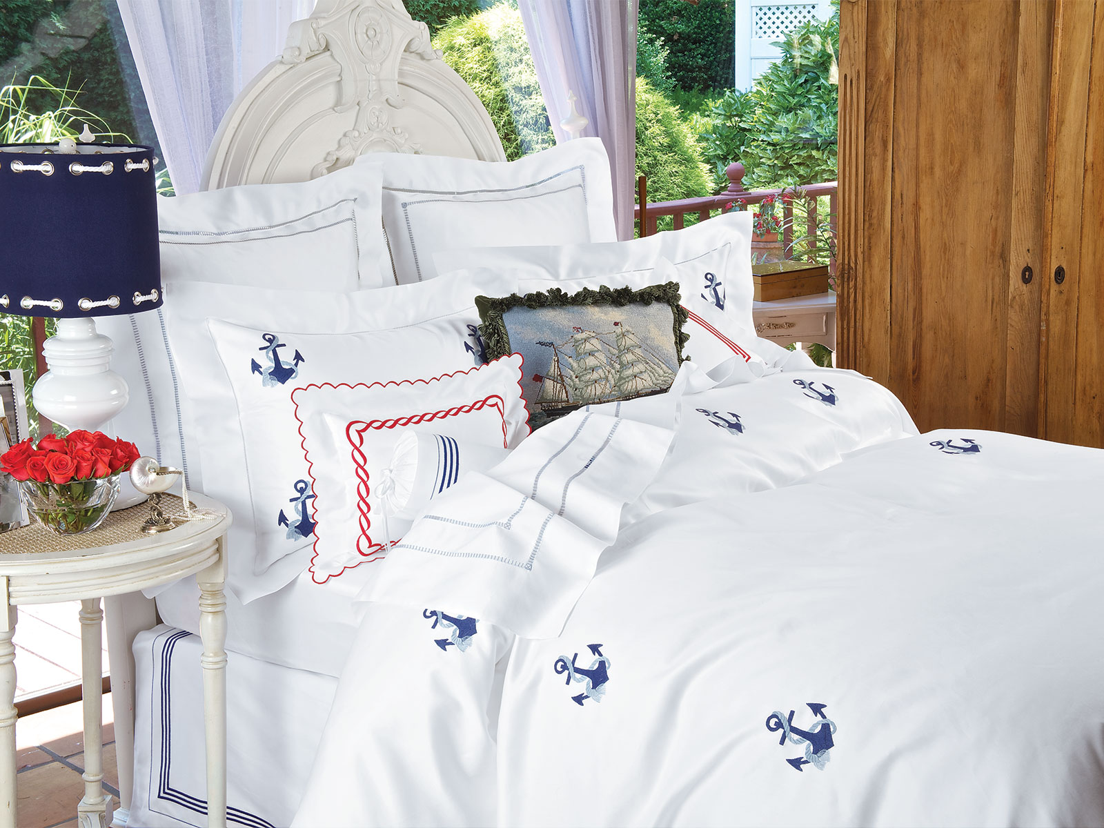 Bon Voyage: See-worthy Navy/Blue anchor and line, hand-embroidered & fine hand-hemstitching.