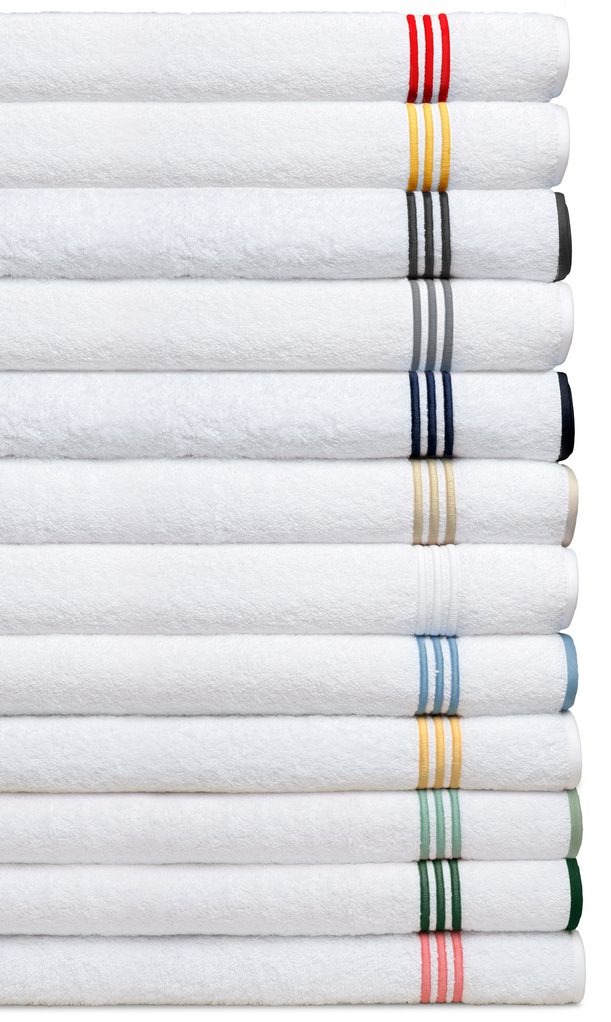 Plush, thirsty, 100% Egyptian Cotton Terry towels are oversized and wonderfully accented with a classic three line embroidery