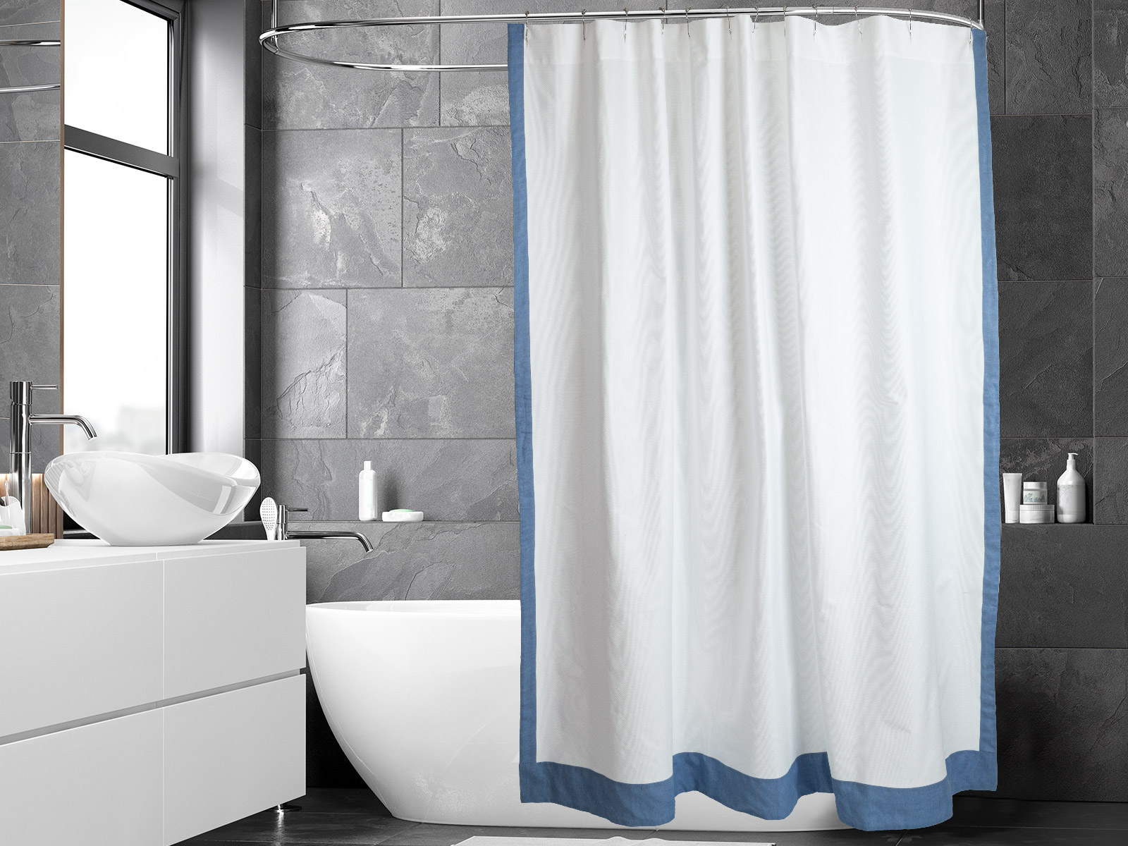 Italian made with 100% terry cotton, exceptional absorbency and durability. Finished with stunning Blue or Gray linen inserts and borders. Matching shower curtains