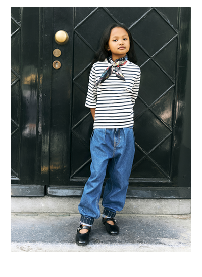 Girls' Denim Washed Breton T-Shirt With Wrap Details