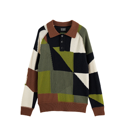 Patch work long sleeve polo