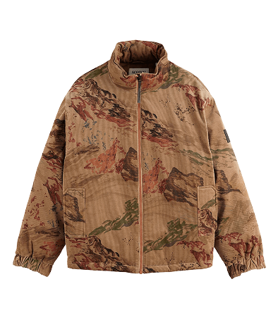 Mountain print corduroy puffer