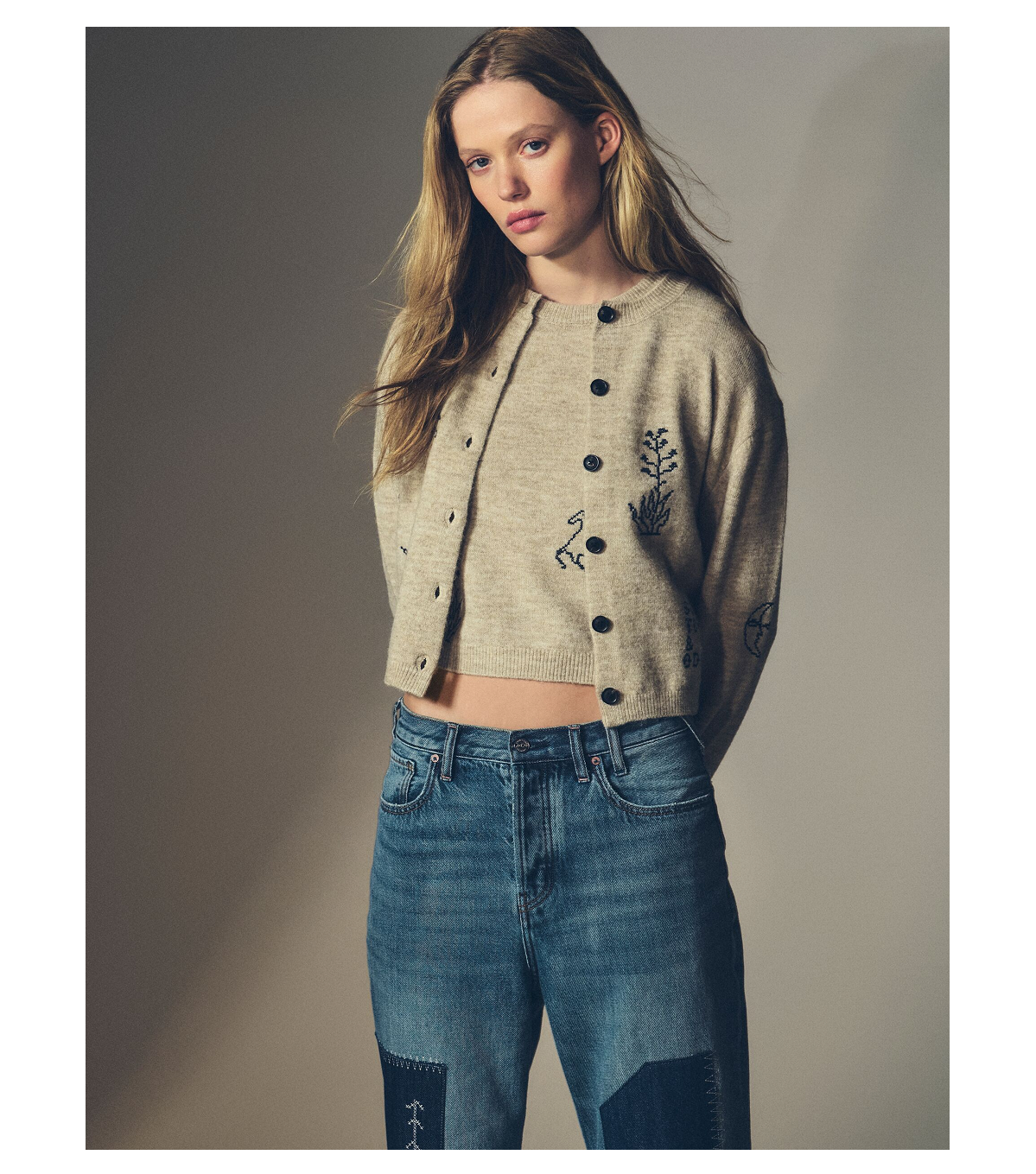 Embroidered Crew Neck Cardigan