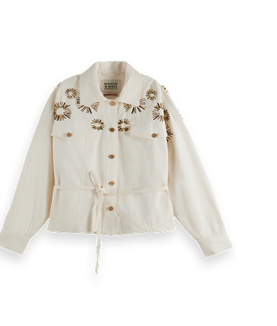 Embellished Belted Cotton Trucker Jacket