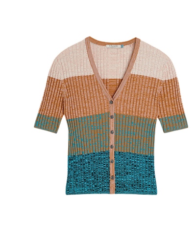 Block Stripe Ribbed Short Sleeve Cardigan