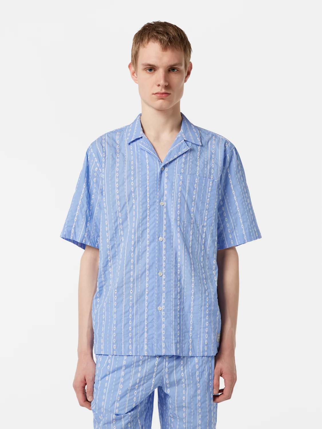 Image of Embroidered-Stripe Relaxed-Fit Short Sleeve Shirt