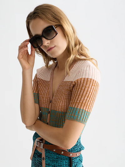 Block Stripe Ribbed Short Sleeve Cardigan