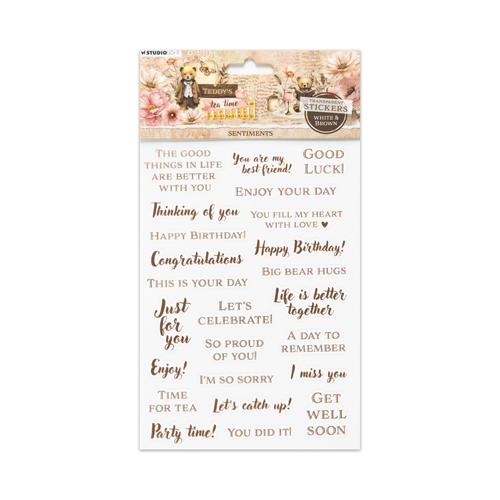 Studio Light - Teddy's Tea Time Collection - Sticker Sheet - Sentiments - Brown and White