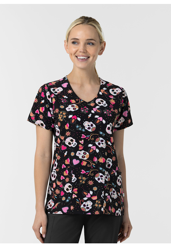 Wink Sugar Skull Fiesta V-Neck Print Scrub Top