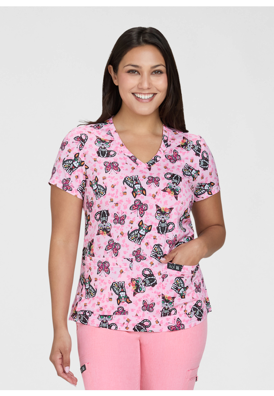 Koi Basics Leslie Sugar Skull Cuties V-Neck Print Scrub Top