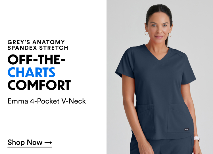 Grey's Anatomy Spandex Stretch | Off-The-Charts Comfort | Emma 4-Pocket V-Neck | Shop Now