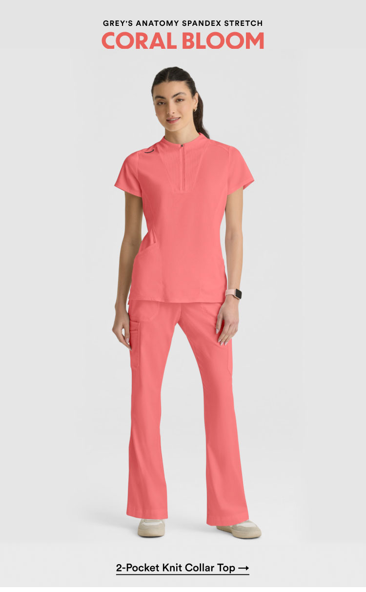 Grey's Anatomy Spandex Stretch | Coral Bloom | 2-Pocket Knit Collar Top | Shop Now