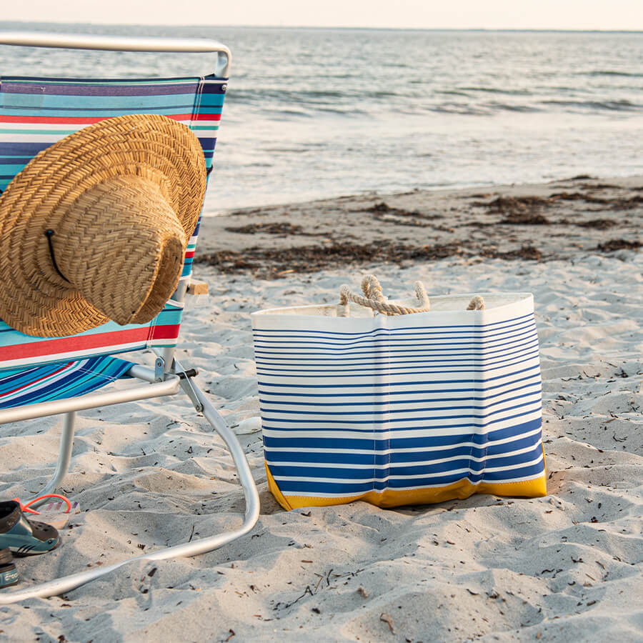 The Blue Stripe Ogunquit Beach Tote on the beach