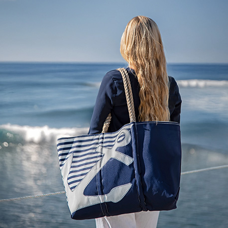 Breton Stripe White Anchor Large Tote