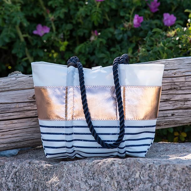 Rose Gold-on-Navy Mariner Stripe Large Tote