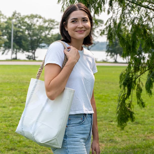Woman with White on White Anchor Medium Tote