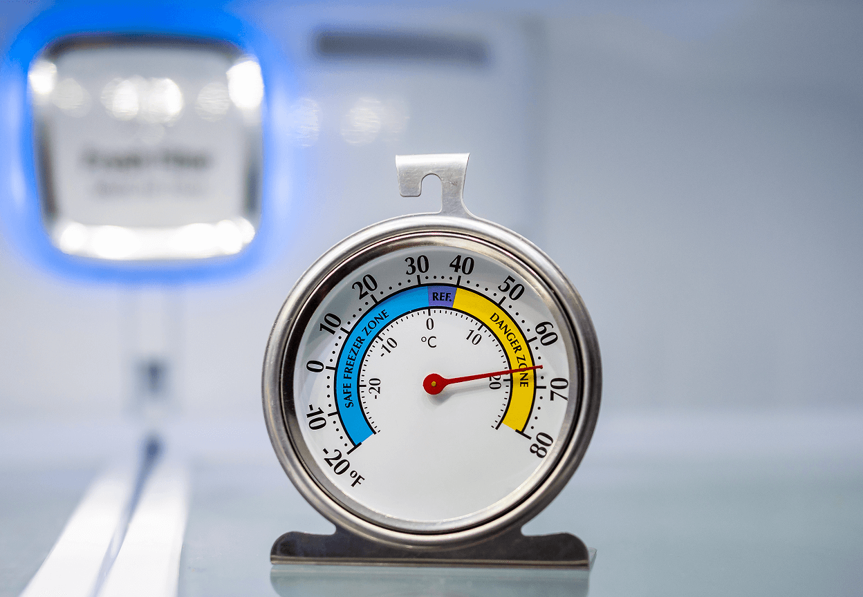A thermometer on a shelf within a fridge