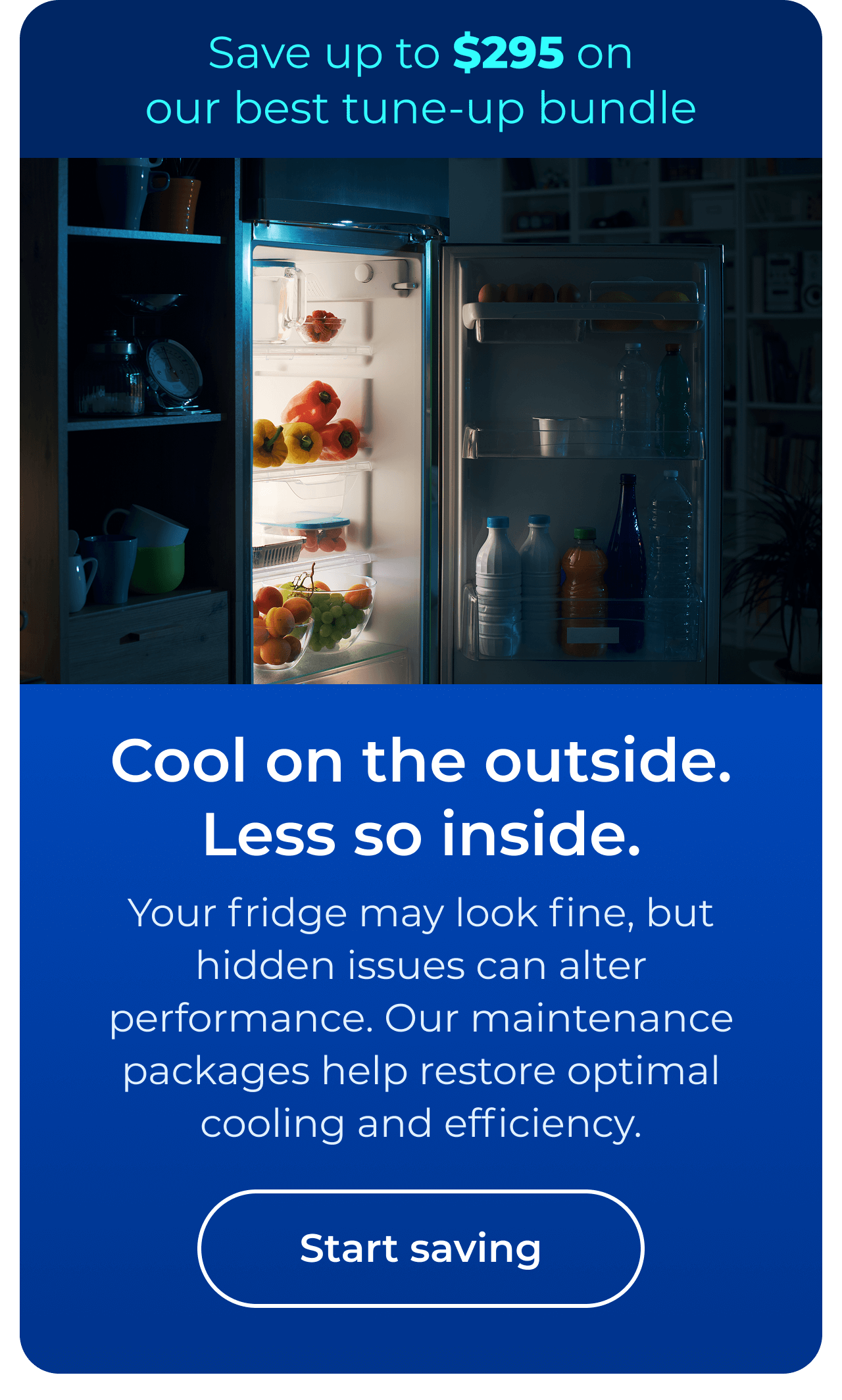 Cool on the outside. Less so inside. Your fridge may look fine, but hidden issues can alter performance. Our maintenance packages help restore optimal cooling and efficiency. Save up to $295 on our best clean & maintain bundle today. Button: start saving