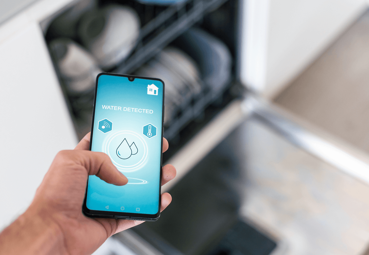 A person looking at a phone that says 'water detected' on an app