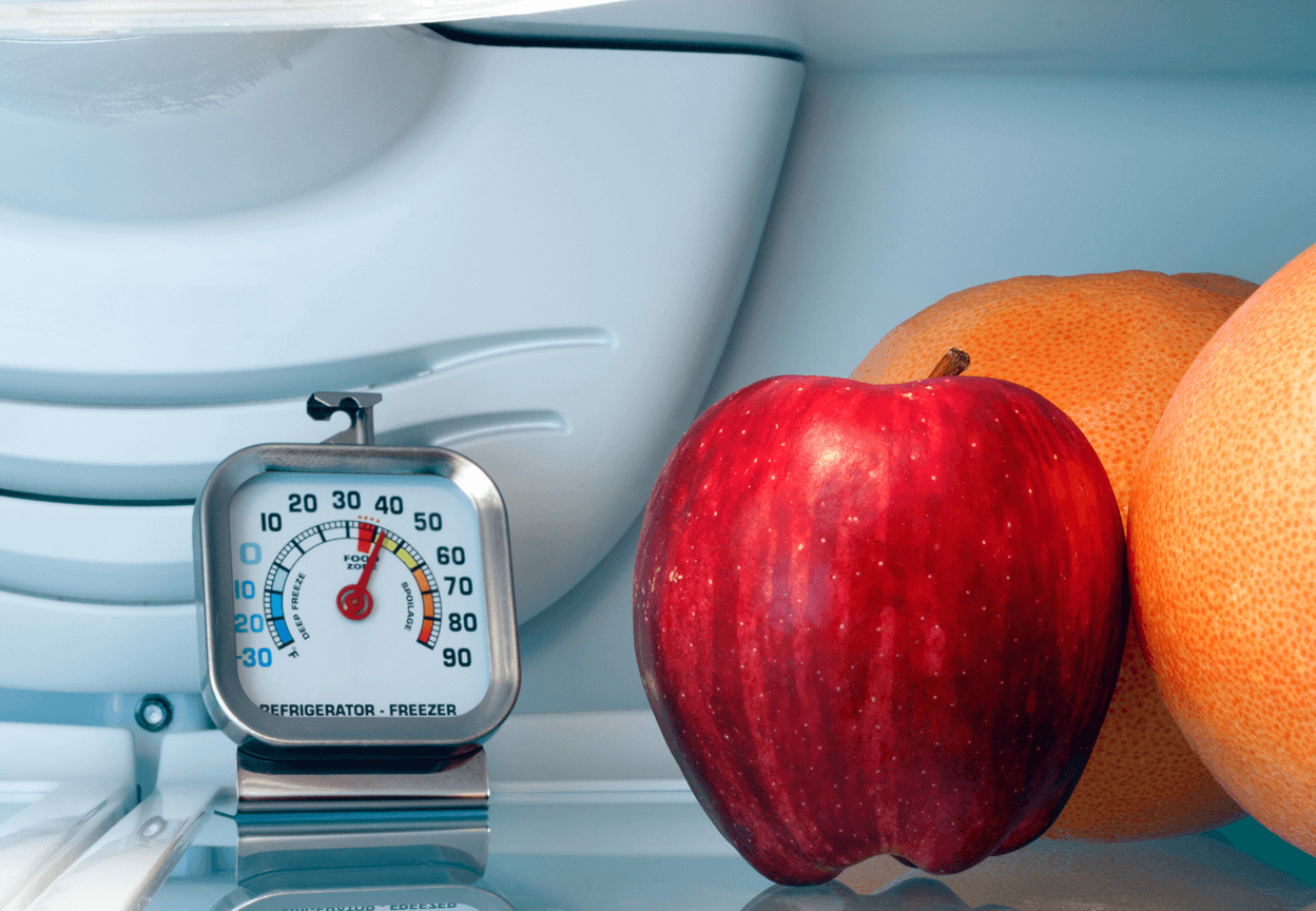 A group of fruit in a fridge next to a thermometer