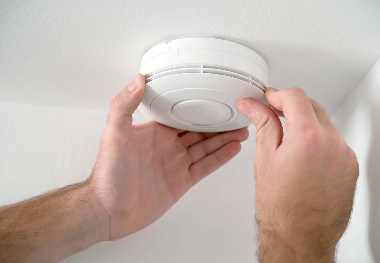 A person resetting a ceiling smoke detector
