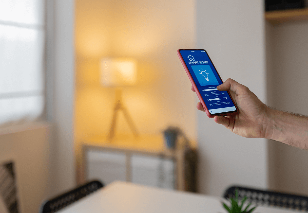 A person using their smart phone to turn on the lights within their home
