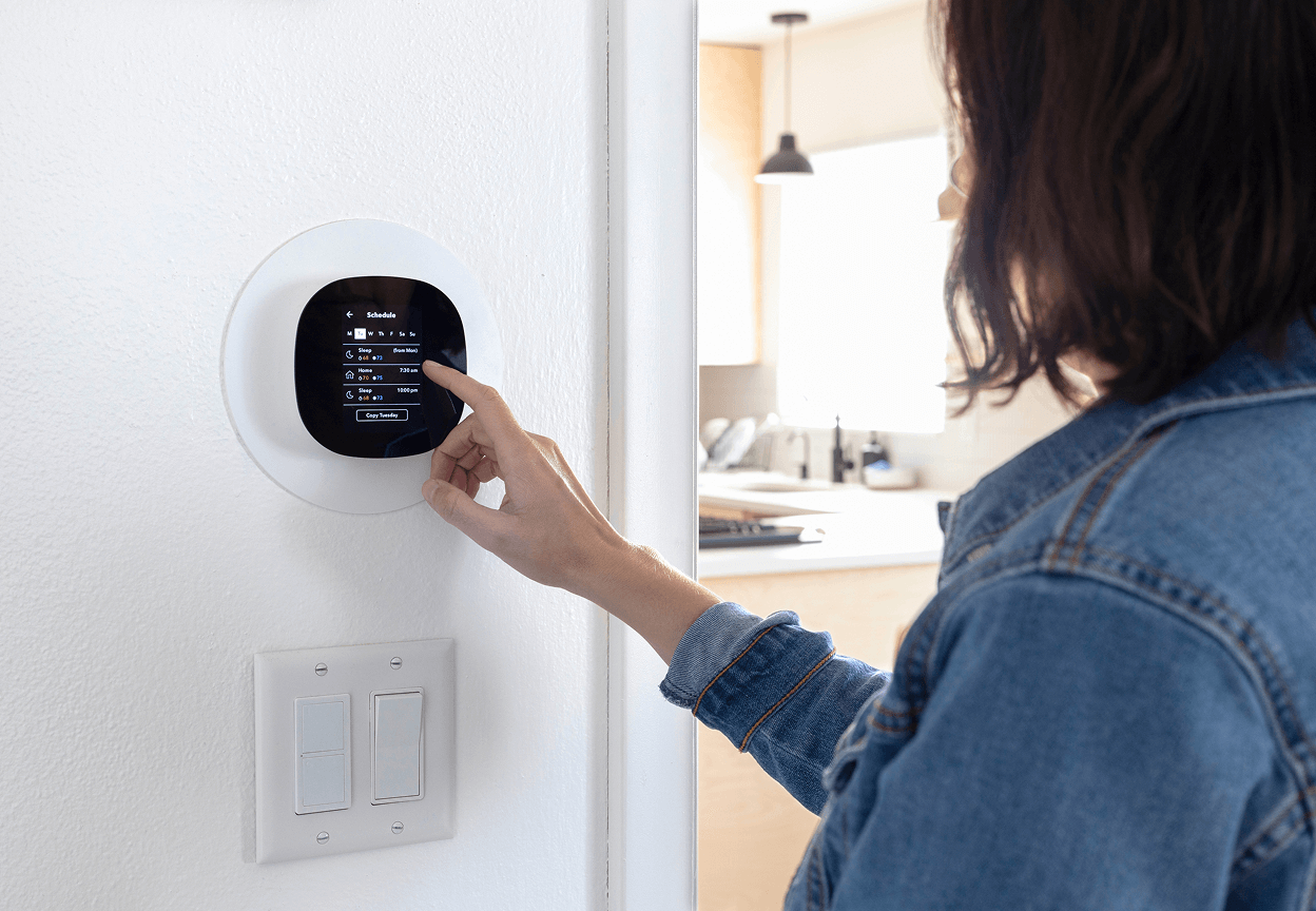 A woman adjusting a smart theromstat in a kitchen