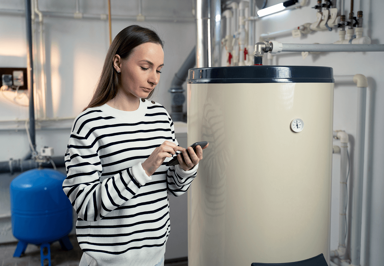 A woman next to a gas furance looking at her smartphone