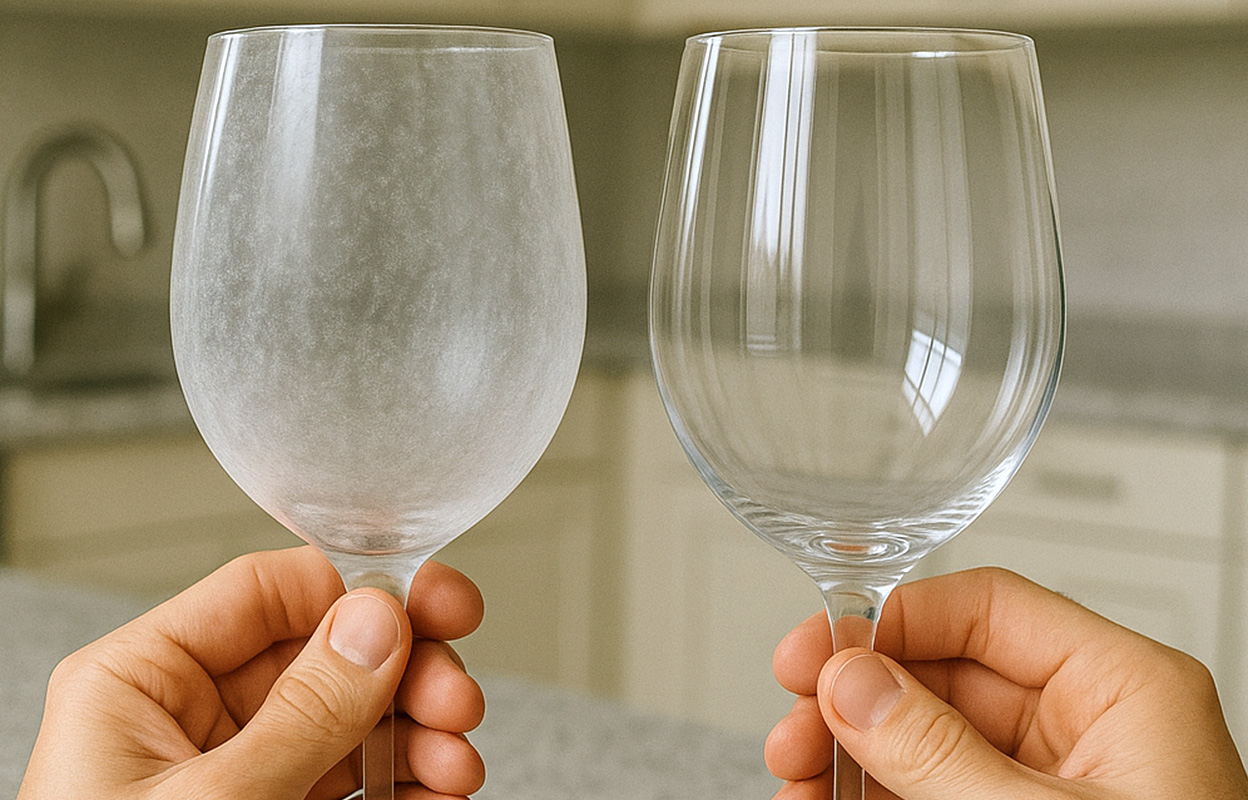 A person holding up a hazy wine glass and a completely clean wine glass