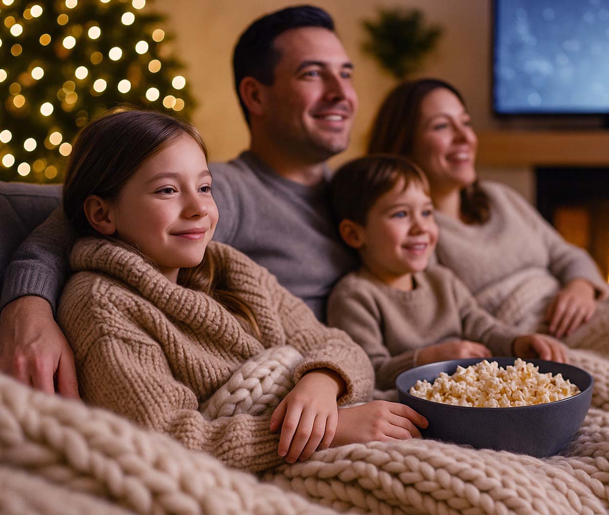 A family of four snuggles together on a sofa under chunky knit blankets, smiling as they watch a holiday movie and share a bowl of popcorn