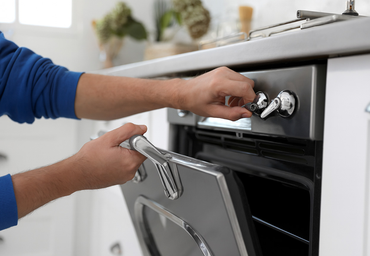 Close-up of a person adjusting the control knob while opening a modern oven in a bright kitchen