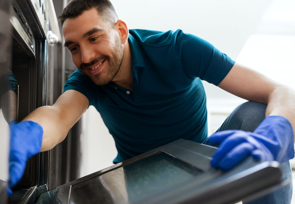 Smiling man wearing blue gloves kneels to carefully clean the inside of an open oven