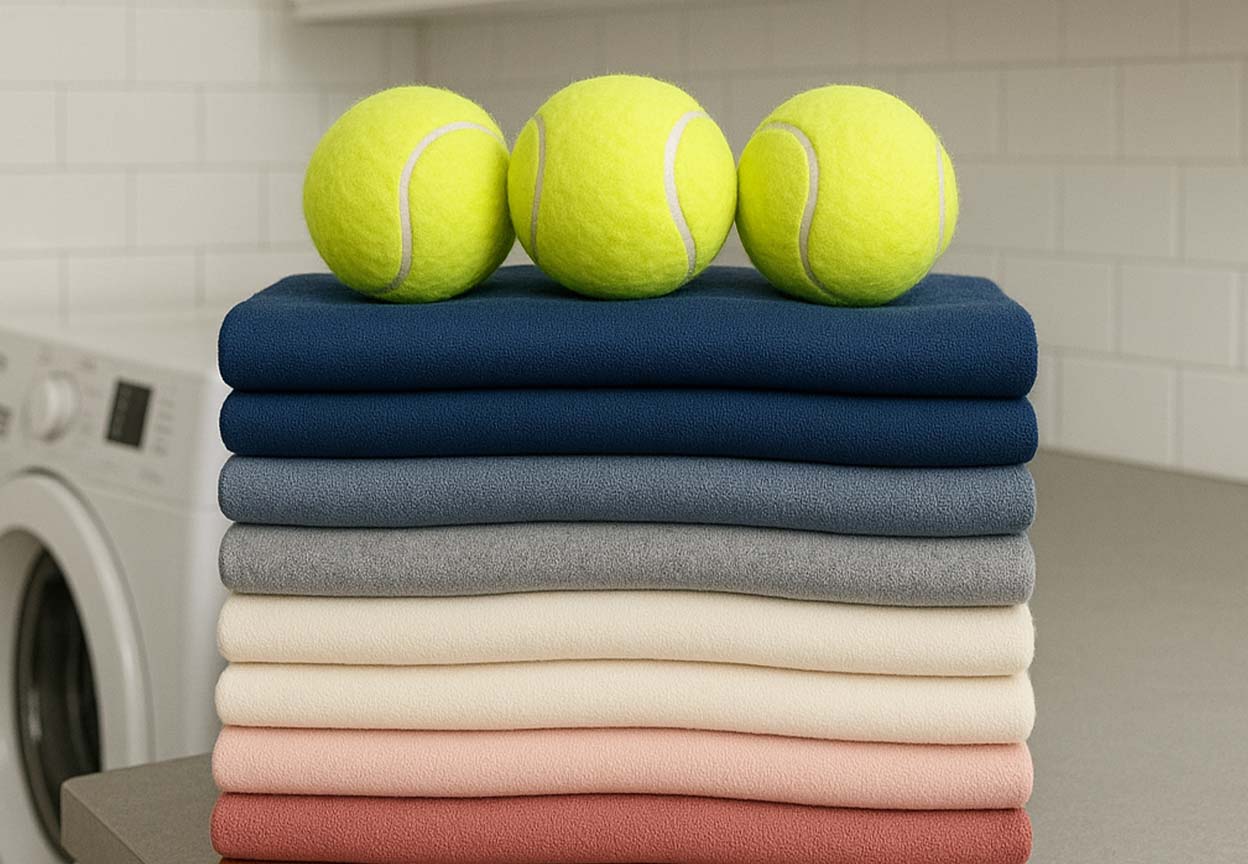 Three tennis balls sit on top of a neatly folded stack of laundry in a bright laundry room